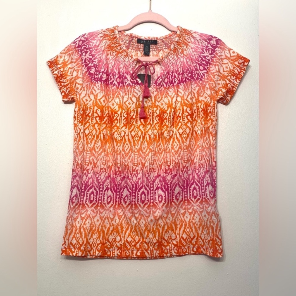 NWT Lauren Ralph Lauren Women’s Pink and Orange Short Sleeve‎ XS Blouse Top